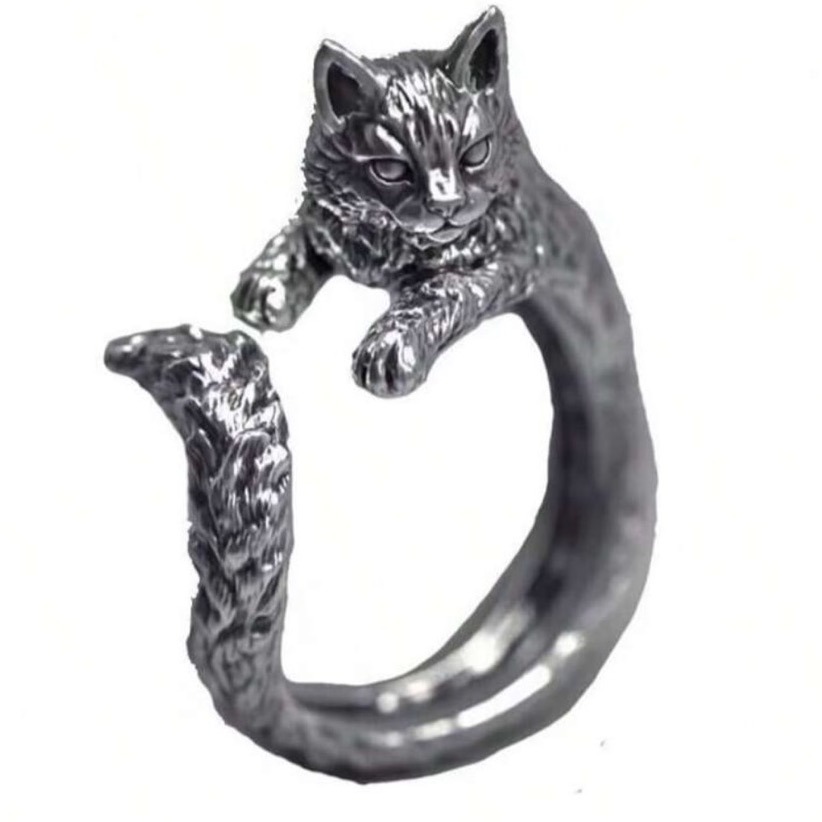 1入復古風格破損貓型開口戒指-細節圖4