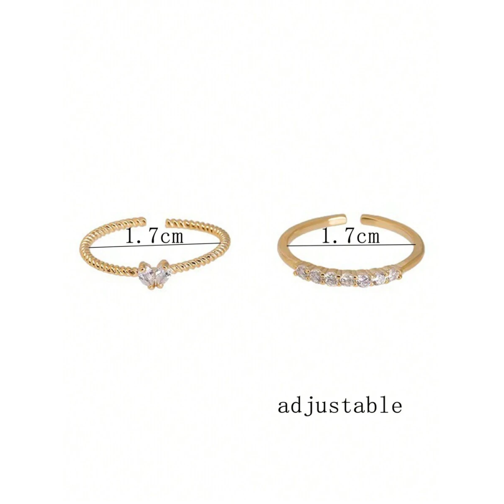 2 件套時尚心形和水鑽裝飾開口戒指-細節圖3