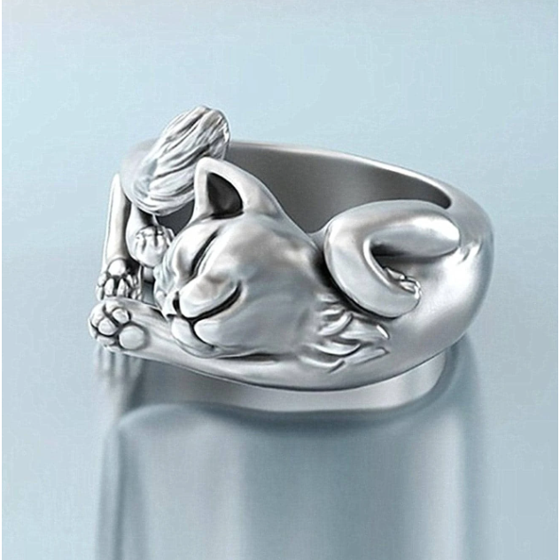 沉睡貓咪設計開口戒指-細節圖2