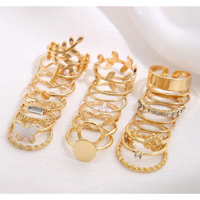 24入組鑲嵌水鑽假珍珠幾何戒指套裝-細節圖2