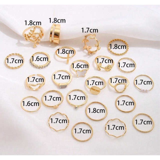 24入組鑲嵌水鑽假珍珠幾何戒指套裝-細節圖3