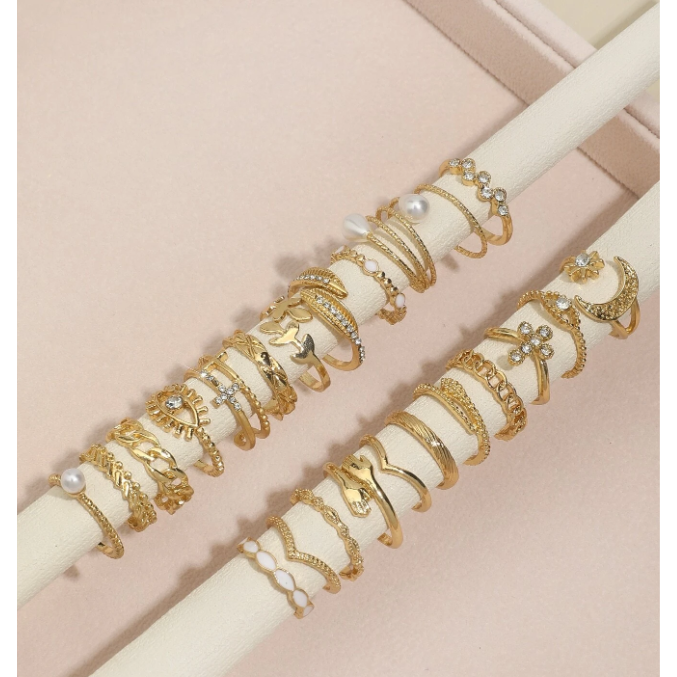 23入組豪華的眼睛、人造珍珠、多元素戒指套裝,裝飾有鑽石-細節圖2