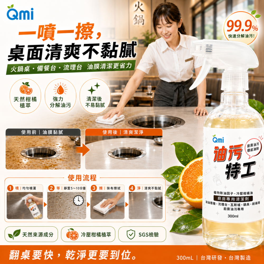 【QMI 油污特工 300ml】廚房重油污清潔劑｜分解＋亮膜配方｜抽油煙機｜瓦斯爐｜流理台｜不鏽鋼清潔｜植萃檸檬香-細節圖2