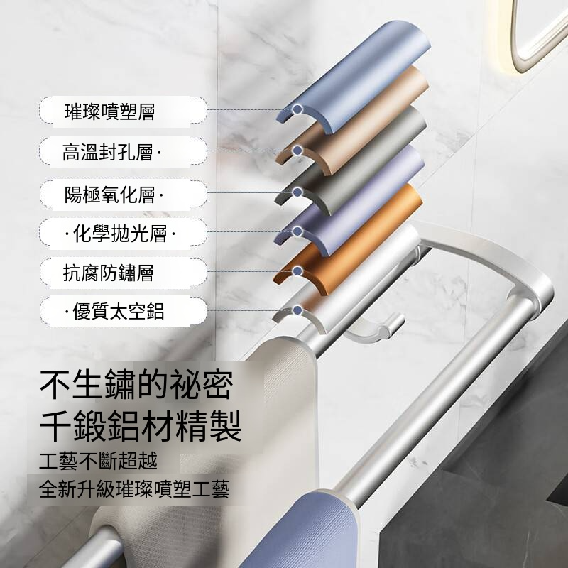 百字毛巾架免打孔毛巾杆加厚太空鋁浴巾架衛生間浴室置物架雙杆-細節圖5
