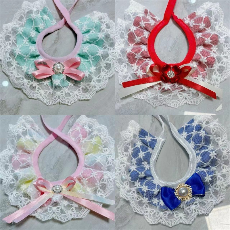 新款布偶英短貓咪可愛純棉蕾絲口水巾泰迪比熊狗狗三角巾圍脖項圈【S-小型4-6斤】-細節圖3