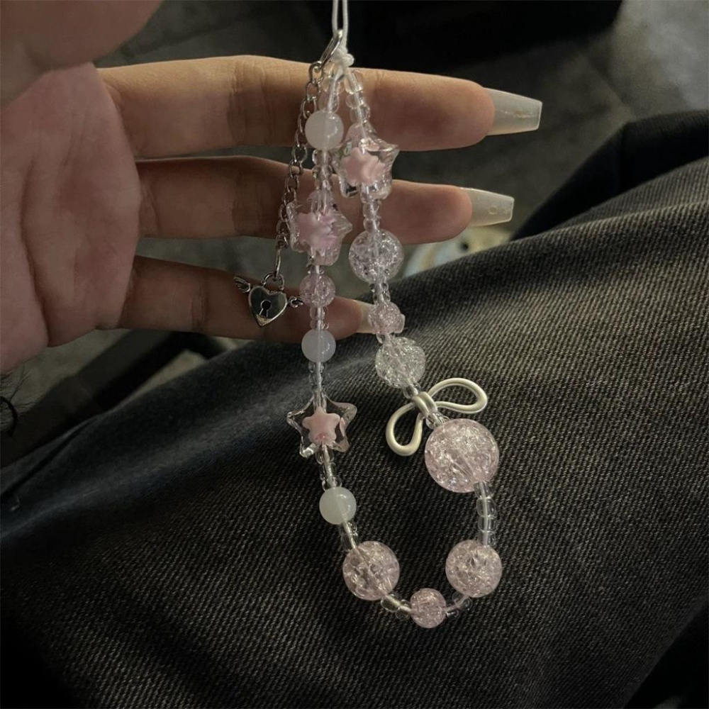 ins風甜酷輕奢少女粉色爆珠星星蝴蝶結手機鍊 手機殼掛件ccd相機鏈條串珠 手機繩手機掛繩吊飾 手機掛鏈手環掛鏈-細節圖3