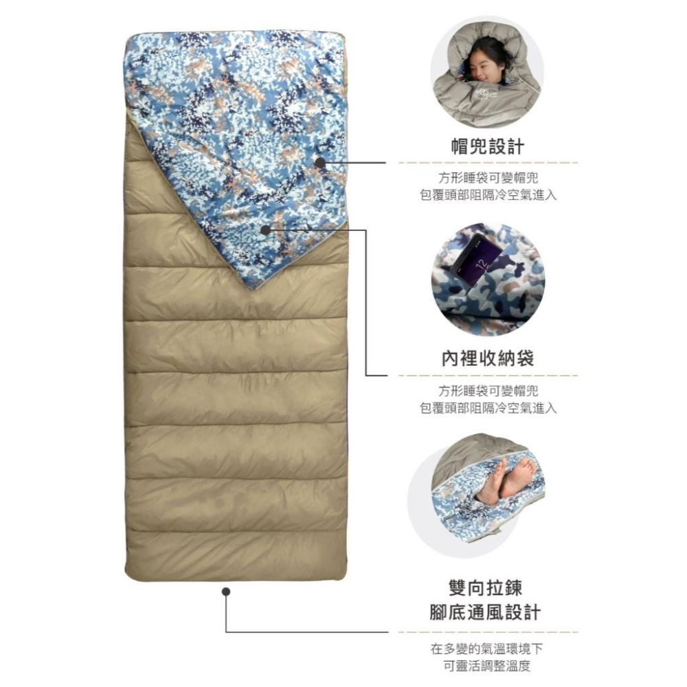 Outdoorbase 天光早安迷彩保暖睡袋【好勢露營】Thermolite填充棉 5~15度 七孔纖維睡袋-細節圖4