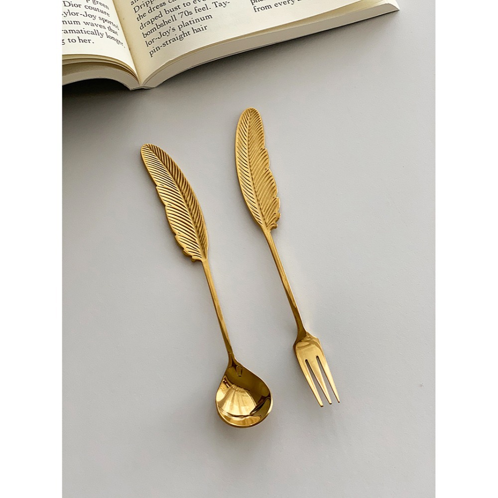 304不鏽鋼 復古 中世紀  羽毛浮雕 咖啡 攪拌匙 水果叉 甜點叉 湯匙 叉子（銀、金）ot0034-規格圖8