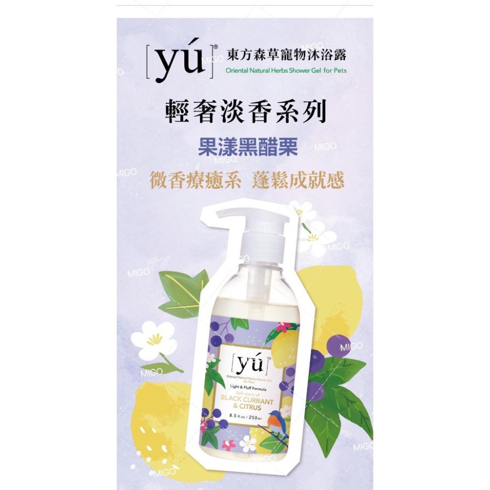 【MIGO寵物柑仔店】YU 東方森草 輕奢淡香沐浴露250ml 果漾黑醋栗 薄荷玫瑰 經典迷迭香 澄花森林 寵物沐浴露-細節圖2