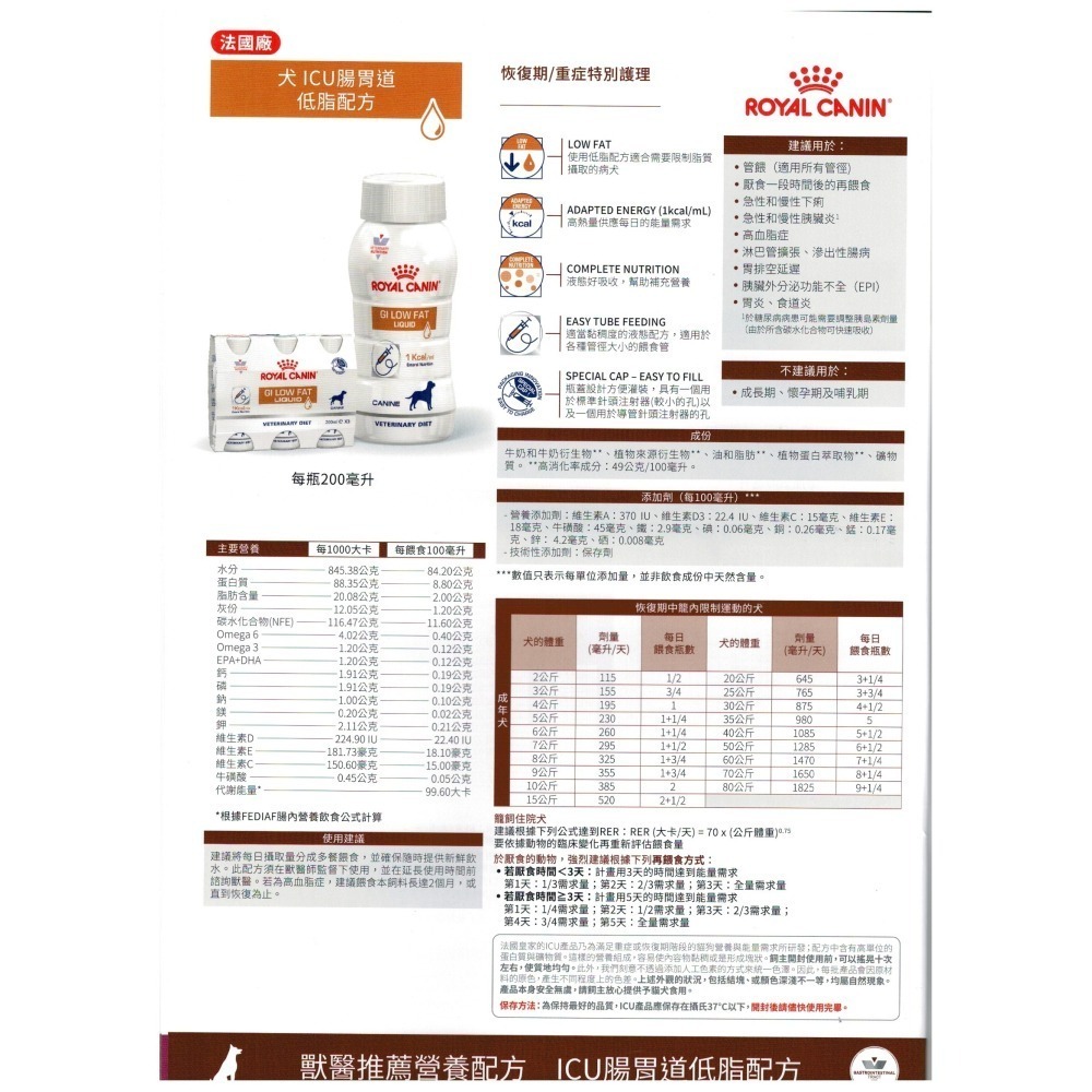 【預購】Royal CANIN 法國 皇家犬貓用 ICU 重症營養補給配方 腎貓 腎犬 犬腸胃低脂 200ML 法國廠-細節圖2