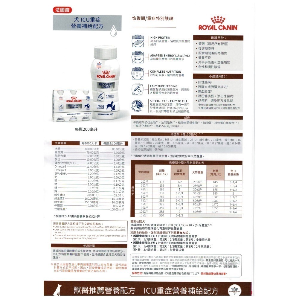 Royal CANIN 法國 皇家犬貓用 ICU 重症營養補給配方 腎貓 腎犬 犬腸胃低脂 200ML 法國廠-細節圖3