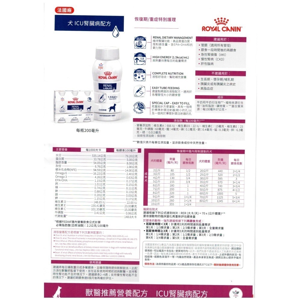 Royal CANIN 法國 皇家犬貓用 ICU 重症營養補給配方 腎貓 腎犬 犬腸胃低脂 200ML 法國廠-細節圖4