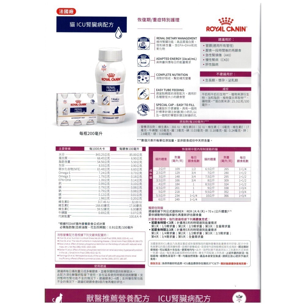 Royal CANIN 法國 皇家犬貓用 ICU 重症營養補給配方 腎貓 腎犬 犬腸胃低脂 200ML 法國廠-細節圖5
