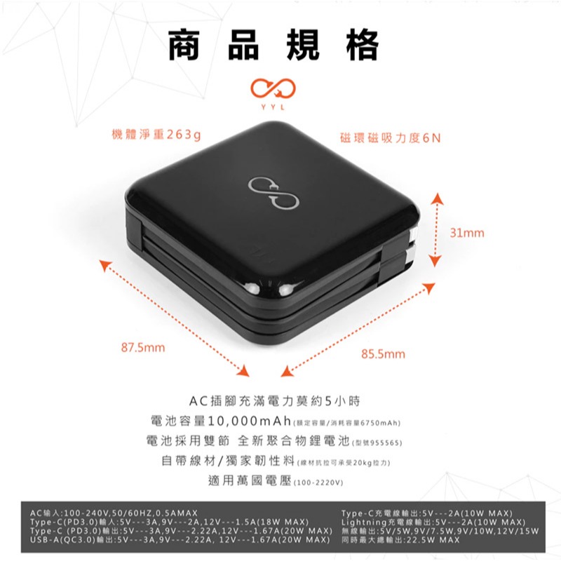 YYL 多合一無線充電行動電源(10000mAh) MagSafe 自帶線 Type-C Lightning-細節圖4