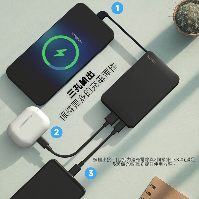 KooPin 8208 極簡風自帶線 Type-C 行動電源(5000mAh) 自帶線 Type-C USB-細節圖5