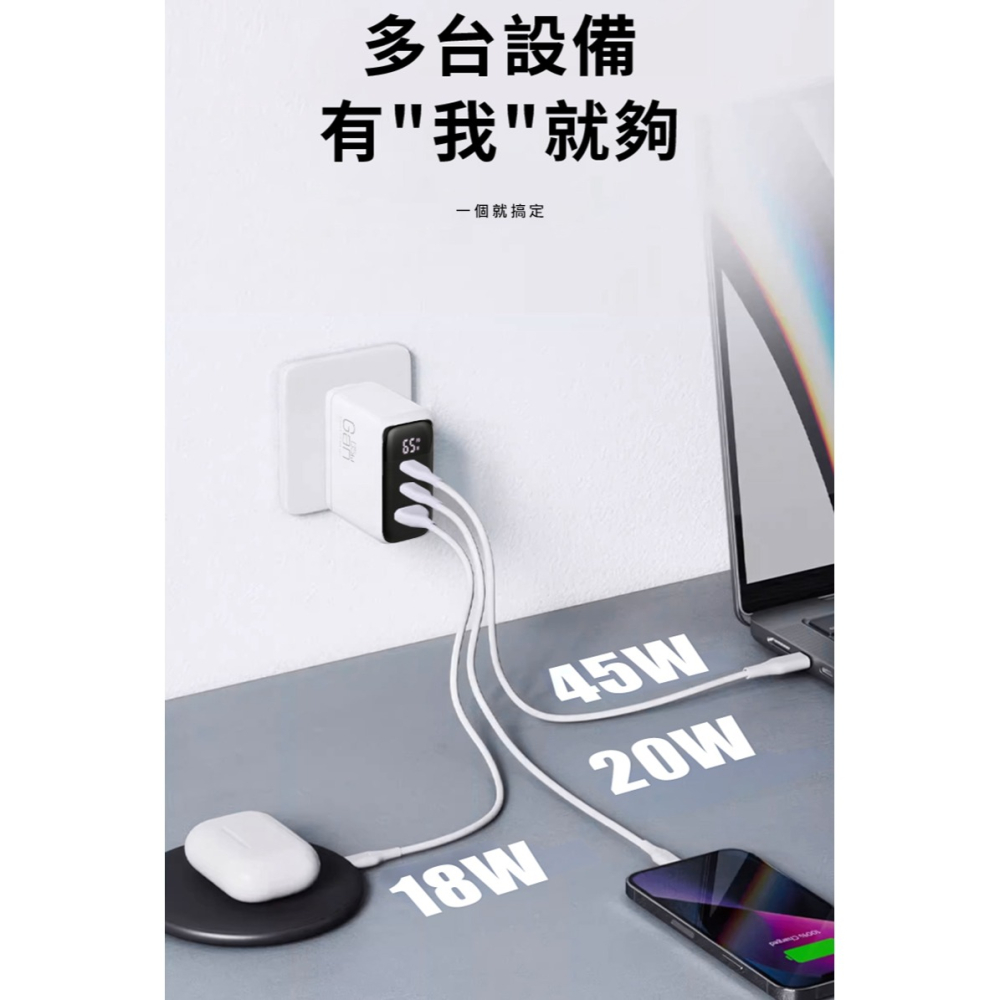 QinD K39 Gan 65W氮化鎵三孔 PD 快充 雙USB-C+USB-A 充電器-細節圖8