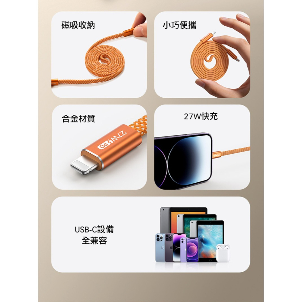 DUX DUCIS AUTO USB Type-C to Lightning 磁性收納充電線(27W)(1M) 傳輸線-細節圖3