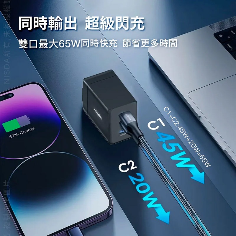 Nisda GaN 氮化鎵 2Type-C+1USB-A 三孔旅充頭(65W) 快充頭 迷你便攜 雙C孔設計 可折疊-細節圖3