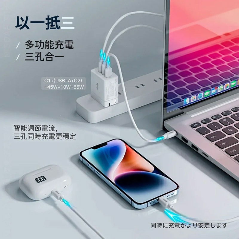 Nisda GaN 氮化鎵 2Type-C+1USB-A 三孔旅充頭(65W) 快充頭 迷你便攜 雙C孔設計 可折疊-細節圖5