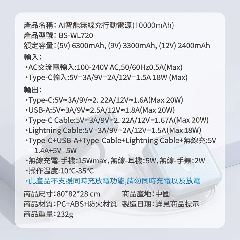 Nisda BS-WL720 智能無線充固態行動電源(10000mAh) 多合一行動電源 插頭行動電源 旅行行動電源-細節圖11