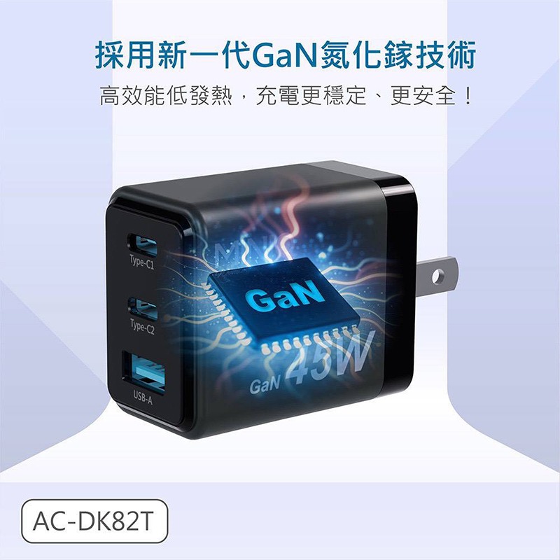 KooPin 45W氮化鎵 雙USB-C+USB-A手機快充充電器 快充頭 迷你便攜 可摺疊 2C1A-細節圖4