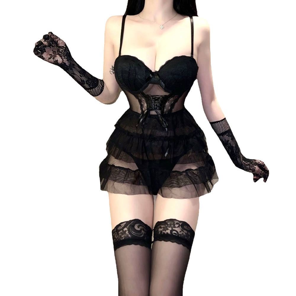(現貨)網紗黑白蕾絲性感透視顯胸襯墊蓬蓬裙連衣睡裙角色扮演+蕾絲襪+黑手套-規格圖10