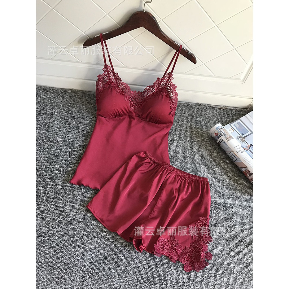 (現貨)睡衣女夏季薄款短褲兩件性感帶胸墊居家花邊睡衣-細節圖2