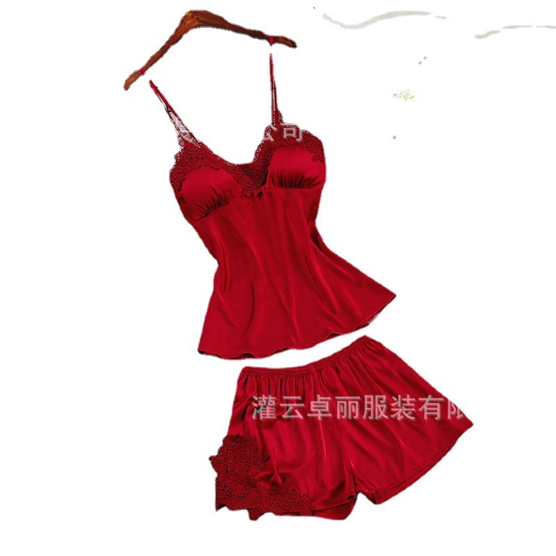 (現貨)睡衣女夏季薄款短褲兩件性感帶胸墊居家花邊睡衣-細節圖3