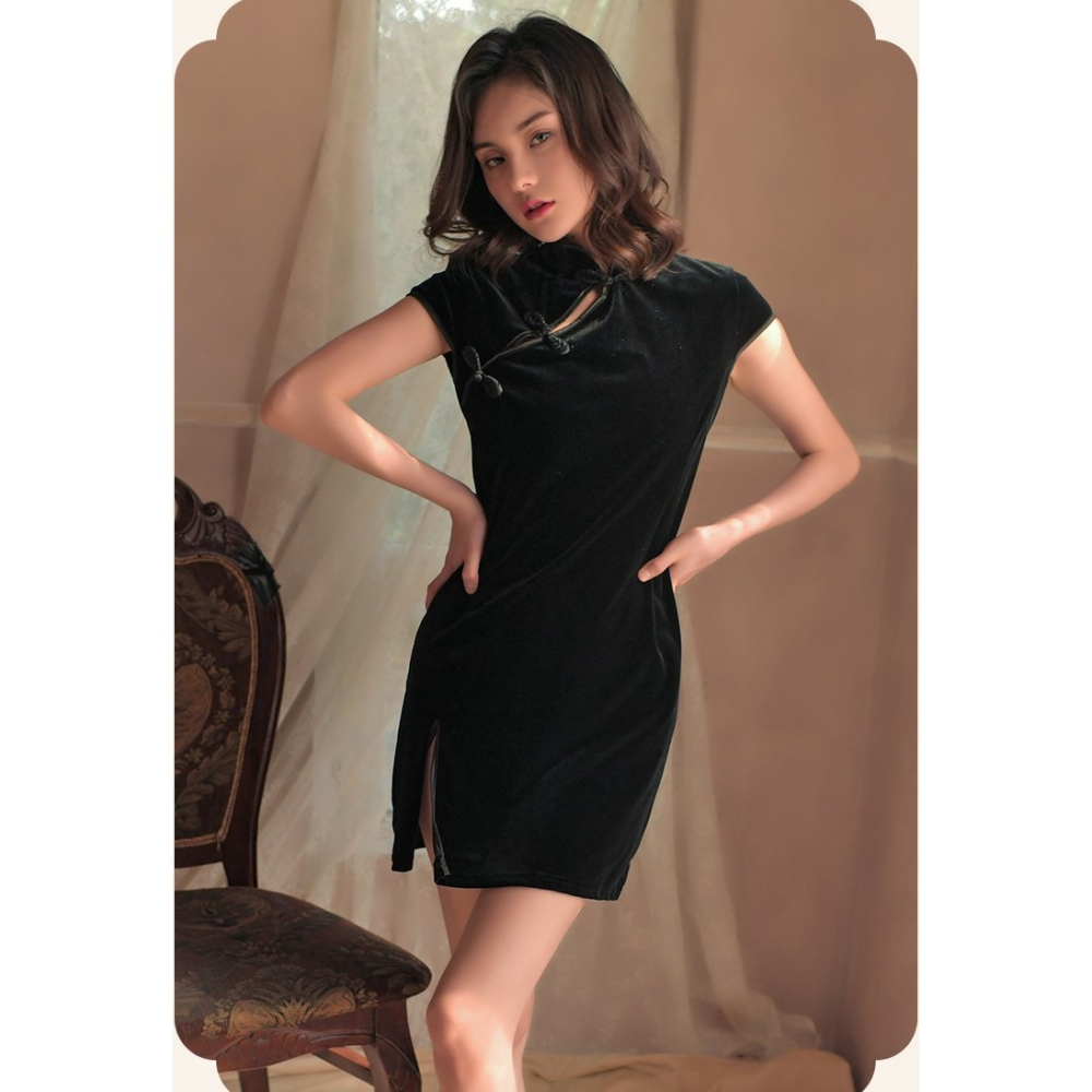 (現貨)絲絨古典斜領開衫中國風旗袍(共3色)-細節圖3