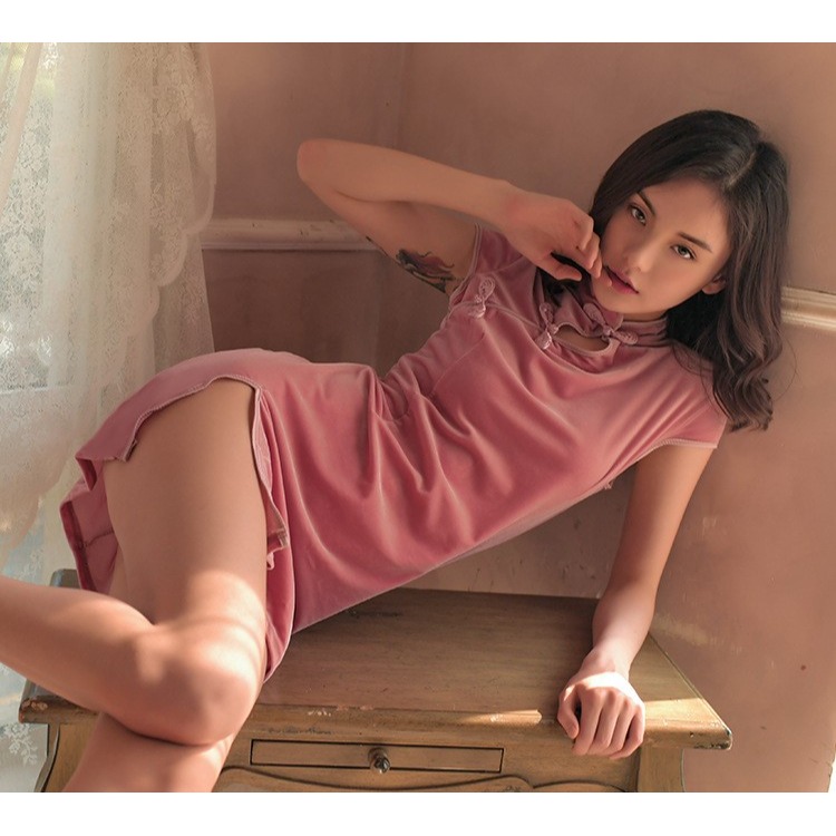 (現貨)絲絨古典斜領開衫中國風旗袍(共3色)-細節圖4