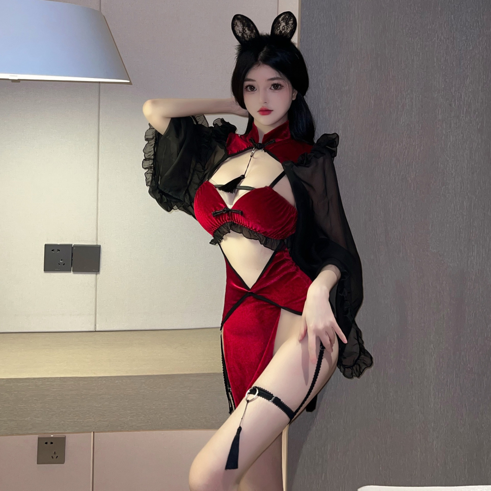 (現貨)小惡魔流蘇性感泡泡袖披肩舞會黑紅女王旗袍式情趣角色扮演套装(共2色)-細節圖4