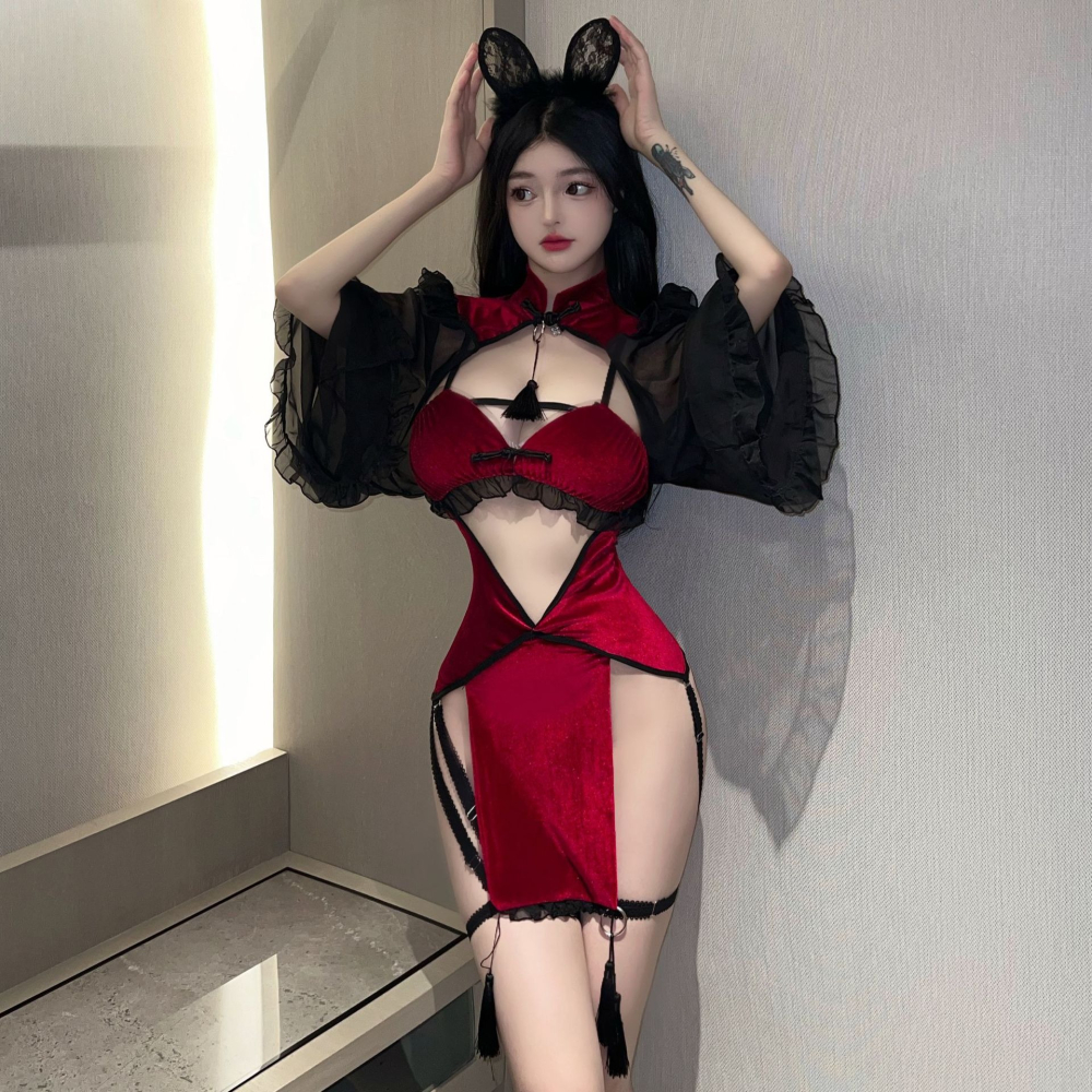 (現貨)小惡魔流蘇性感泡泡袖披肩舞會黑紅女王旗袍式情趣角色扮演套装(共2色)-細節圖7