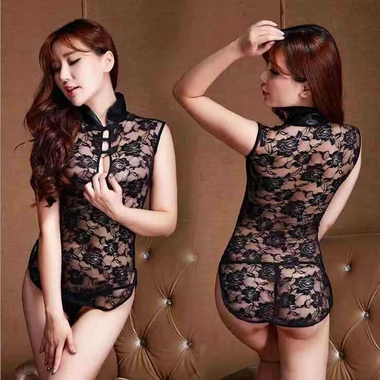 (現貨)復古蕾絲黑色旗袍透視誘惑睡裙角色扮演套裝-細節圖6