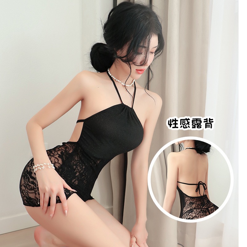 (現貨)性感掛脖短裙火辣洋裝蕾絲誘惑透視睡裙夜店套裝-細節圖4