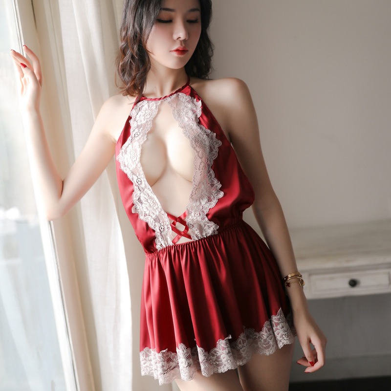 (現貨)性感胸前裸空蕾絲短裙群誘惑深V露背吊帶睡裙睡衣套装(共3色)-規格圖11