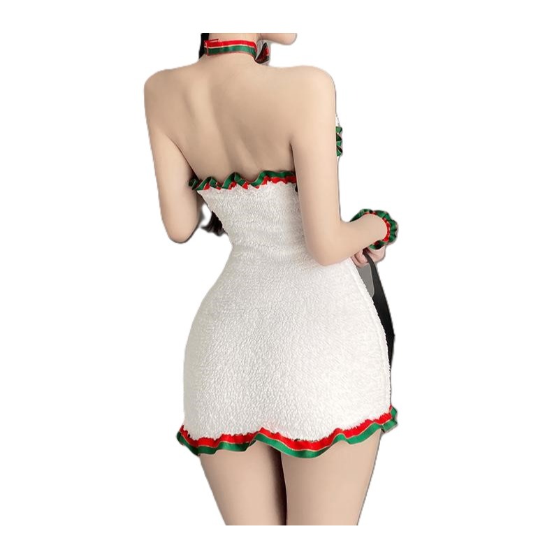 (現貨)白色絨毛聖誕裝可愛派對包臀套裝(不含絲襪+髮飾)-細節圖3