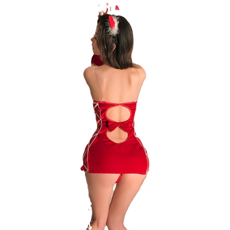 (現貨)絲絨聖誕裝cos新年戰袍角色扮演+透明肩帶+手套(不含髮飾)-細節圖5