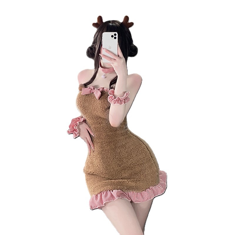 (現貨)絨毛露背女僕小熊睡裙蝴蝶結女傭包臀裙角色扮演(不含髮飾)附肩帶-細節圖8