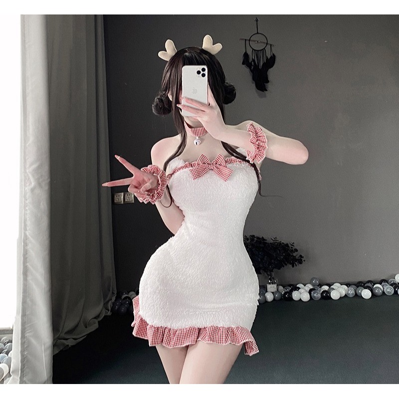 (現貨)絨毛露背女僕小熊睡裙蝴蝶結女傭包臀裙角色扮演(不含髮飾)附肩帶-細節圖9