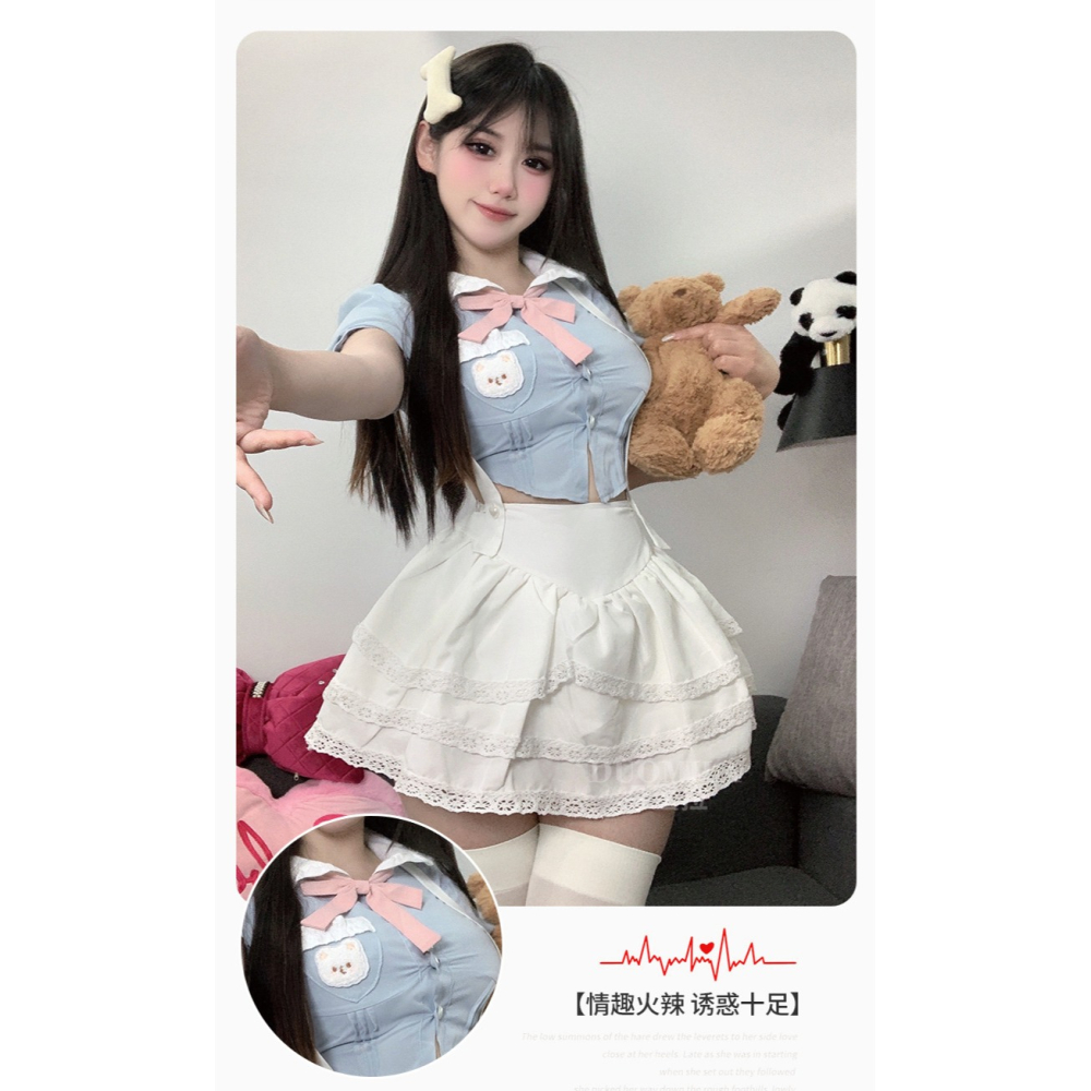 (現貨)學院風甜美顯瘦襯衫上衣夏季高腰蛋糕裙制服角色扮演(含同款襪不含髮飾)-細節圖3