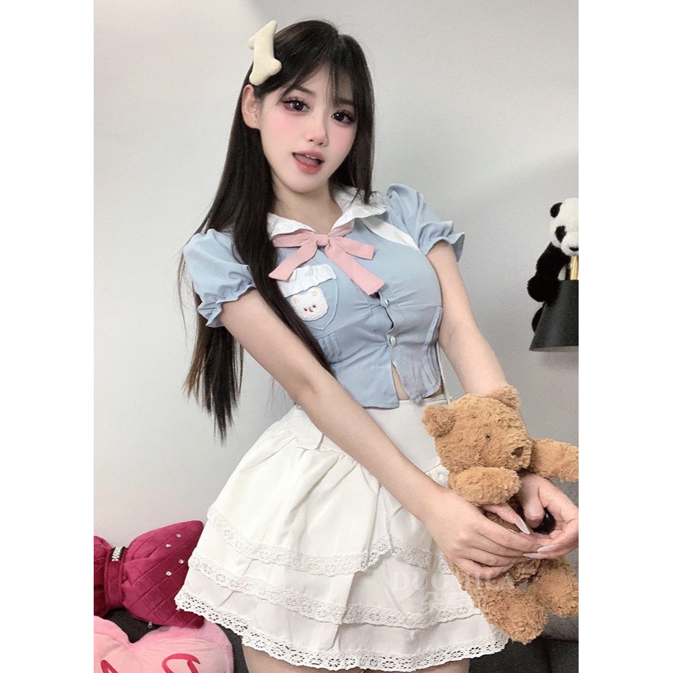 (現貨)學院風甜美顯瘦襯衫上衣夏季高腰蛋糕裙制服角色扮演(含同款襪不含髮飾)-細節圖5