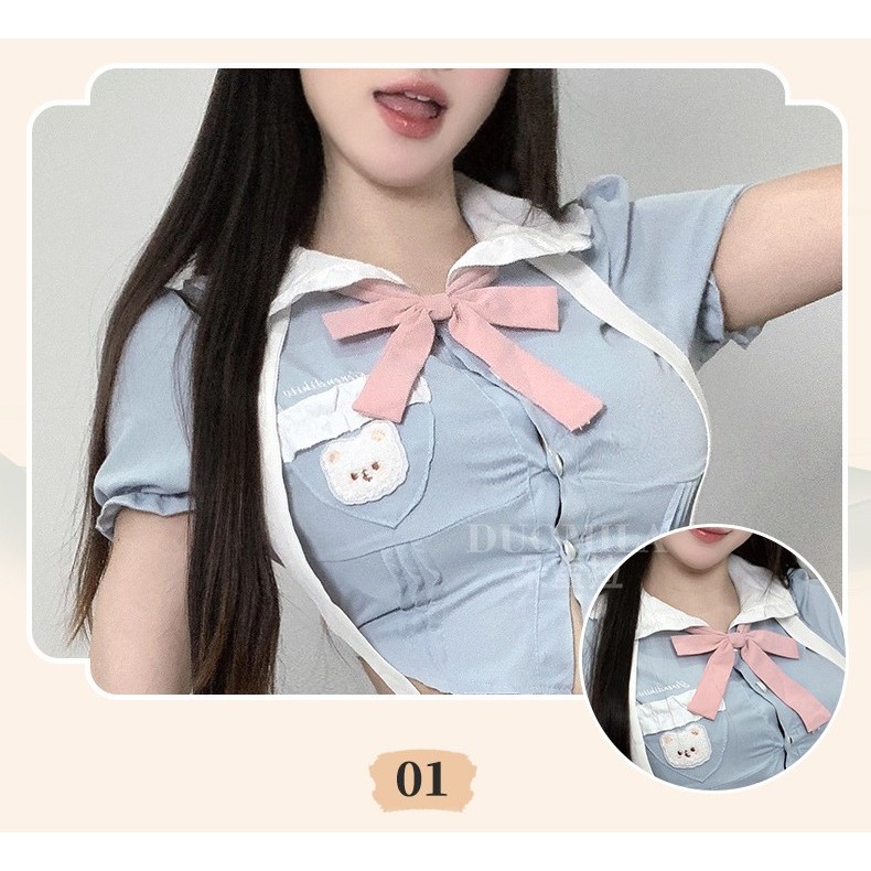 (現貨)學院風甜美顯瘦襯衫上衣夏季高腰蛋糕裙制服角色扮演(含同款襪不含髮飾)-細節圖9