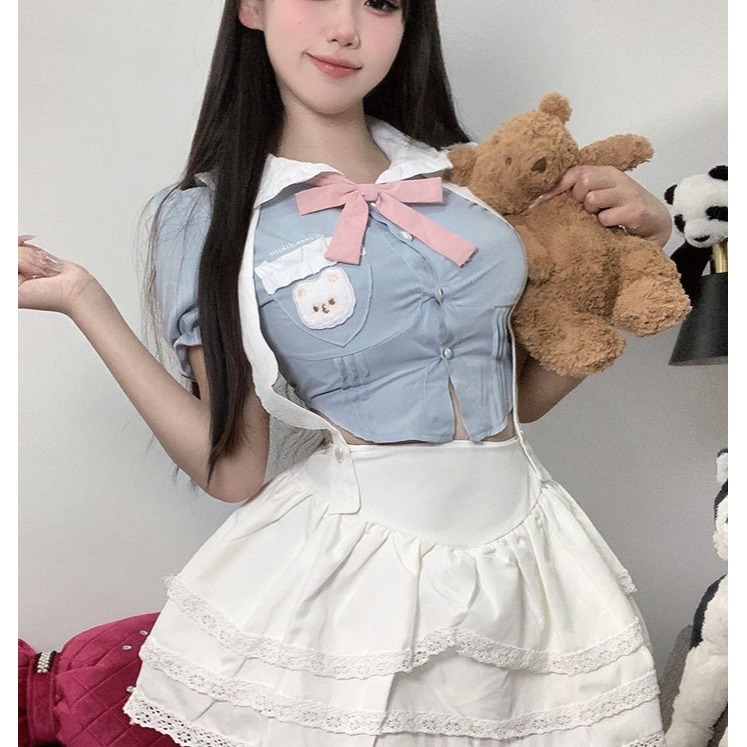 (現貨)學院風甜美顯瘦襯衫上衣夏季高腰蛋糕裙制服角色扮演(含同款襪不含髮飾)-細節圖10