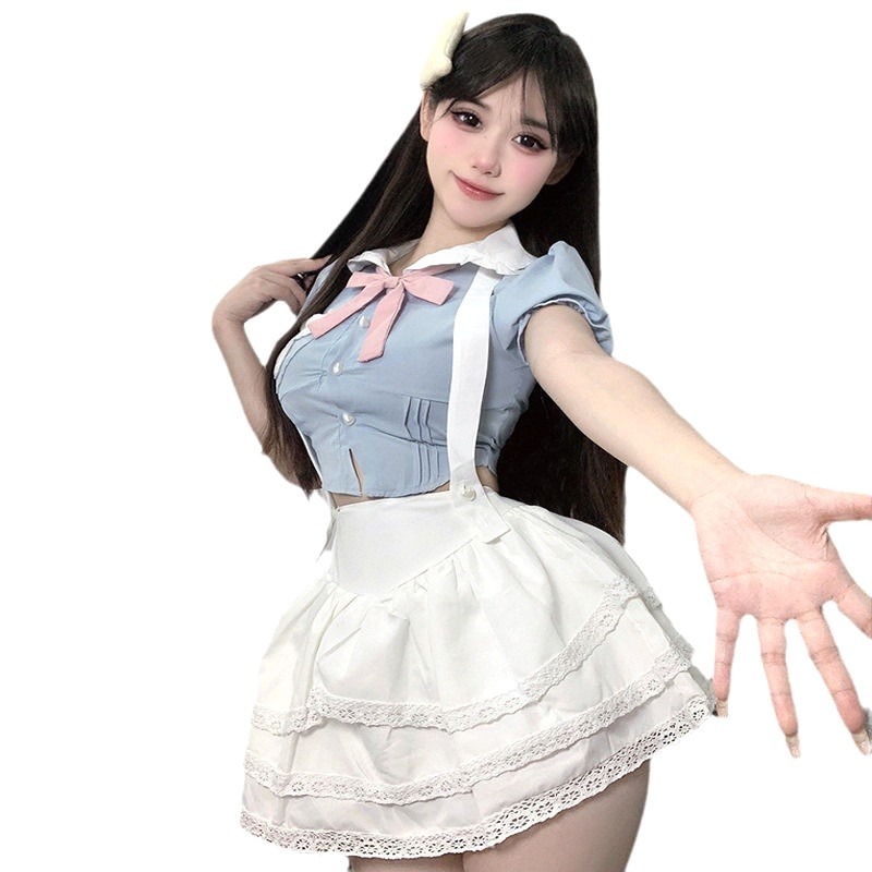 (現貨)學院風甜美顯瘦襯衫上衣夏季高腰蛋糕裙制服角色扮演(含同款襪不含髮飾)-規格圖10