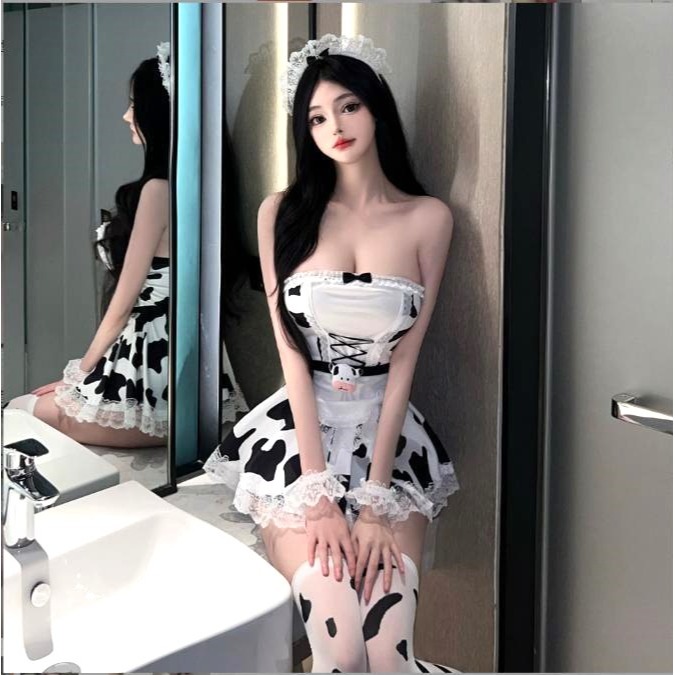(現貨)性感黑白乳牛套裝女僕平口公主裙女傭制服純欲角色扮演(含襪子)-細節圖2