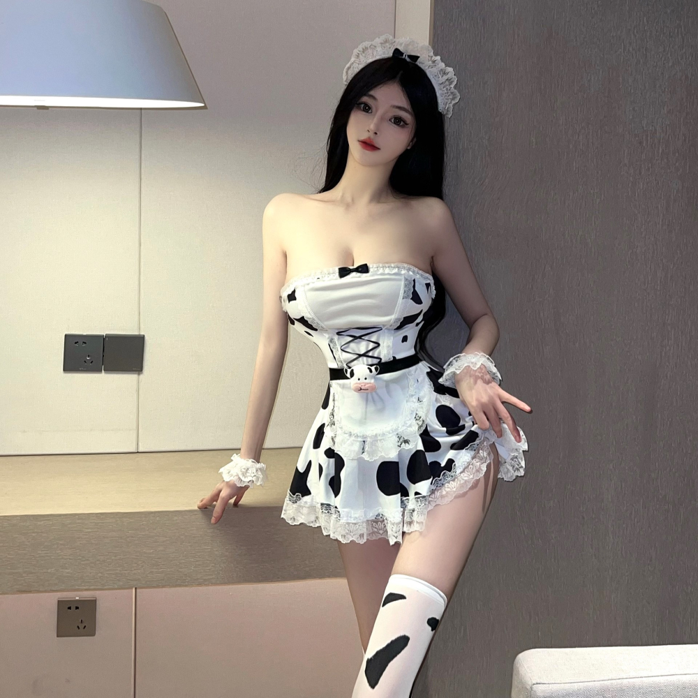 (現貨)性感黑白乳牛套裝女僕平口公主裙女傭制服純欲角色扮演(含襪子)-細節圖10