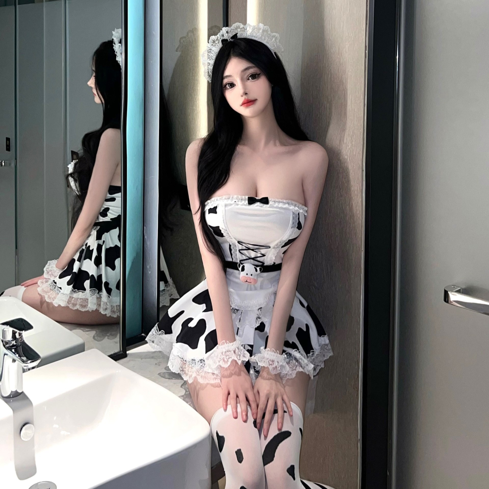 (現貨)性感黑白乳牛套裝女僕平口公主裙女傭制服純欲角色扮演(含襪子)-細節圖11