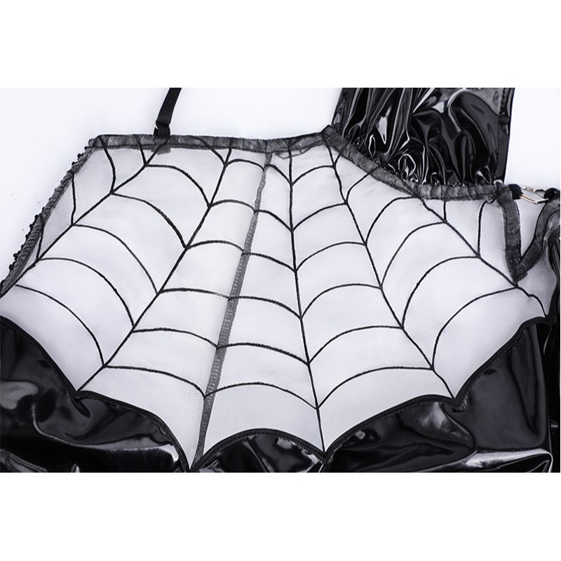 (現貨)小惡魔吊帶蛛網透視魔女漆皮緊身包臀裙(不含道具+手套)-細節圖8