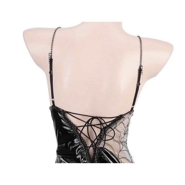 (現貨)小惡魔吊帶蛛網透視魔女漆皮緊身包臀裙(不含道具+手套)-細節圖11