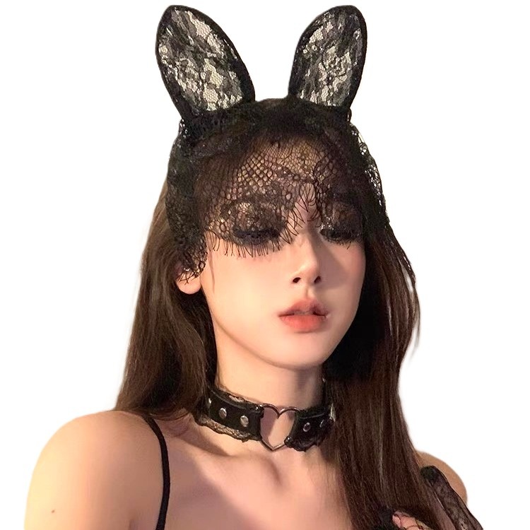 (現貨)黑色性感貓耳朵髮箍女蕾絲面罩遮臉網紗頭紗髮飾頭飾(長短款)-細節圖2